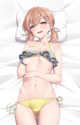 Rule 34 | 1girl, absurdres, aqua eyes, bed sheet, bikini, bikini tan, bikini top lift, breasts, brown hair, clothes lift, collarbone, commentary request, gluteal fold, hair ornament, hairclip, highres, hinoshita kaho, lifting own clothes, link! like! love live!, love live!, lying, medium breasts, nasuno (nasuno42), navel, on back, open mouth, pillow, short hair, short twintails, side-tie bikini bottom, smile, solo, stomach, sweat, swimsuit, tan, tanline, twintails, underboob, yellow bikini