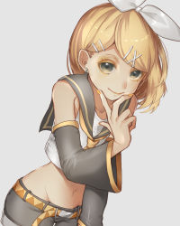 Rule 34 | 1girl, bare shoulders, blonde hair, blouse, bow, collarbone, colored eyelashes, detached sleeves, earrings, fingers to chin, green eyes, hair bow, hair ornament, hairclip, hand on own chin, highres, jewelry, kagamine rin, looking at viewer, midriff, nail polish, nashiyama mikio, navel, sailor collar, shirt, short hair, short shorts, shorts, sleeveless, sleeveless shirt, smile, solo, treble clef, vocaloid, yellow nails