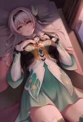 Rule 34 | 1girl, absurdres, aqua dress, bed, black hairband, black jacket, breasts, commentary, cowboy shot, dress, firefly (honkai: star rail), grey hair, hair between eyes, hairband, hand on own chest, hands up, highres, honkai: star rail, honkai (series), indoors, jacket, kie (wylee2212), long hair, long sleeves, looking at viewer, lying, medium breasts, neckerchief, on back, parted lips, pillow, revision, shirt, short dress, solo, thighhighs, thighs, white shirt, yellow neckerchief, zettai ryouiki