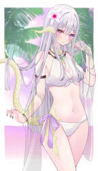Rule 34 | 1girl, au ra, bangle, bare shoulders, bikini, blush, border, bracelet, breasts, cleavage, closed mouth, commentary, dragon girl, dragon horns, dragon tail, final fantasy, final fantasy xiv, flower, grey hair, hair between eyes, hair flower, hair ornament, hand in own hair, hand up, heterochromia, highres, horns, jewelry, large breasts, long hair, navel, necklace, outside border, palm tree, pink eyes, pink nails, pink sky, purple eyes, scales, sidelocks, sky, solo, standing, stomach, suineco, swimsuit, symbol-only commentary, tail, tree, warrior of light (ff14), white bikini, white border