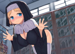 Rule 34 | 1girl, against fourth wall, bare hips, bent over, black dress, blonde hair, blue eyes, blush, breasts, capelet, cleavage, dress, glass, habit, indoors, large breasts, looking back, no panties, nose blush, nun, oppai loli, original, parted bangs, pelvic curtain, sakimori dan, short hair, side slit, smile, solo, thighhighs, white capelet, white thighhighs, window