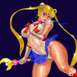 Rule 34 | 1990s (style), 1girl, bishoujo senshi sailor moon, bishoujo senshi sailor moon (first season), blonde hair, blue background, blue eyes, blue sailor collar, blue skirt, boots, bow, breasts, choker, covered navel, double bun, elbow gloves, gloves, hair bun, hair ornament, hairpin, highleg, highleg leotard, large breasts, leotard, long hair, maboroshi no ginzuishou, magical girl, moon stick, red bow, retro artstyle, ribbon, sailor collar, sailor moon, shiny skin, skirt, solo, thighs, tiara, tsukino usagi, twintails, white gloves, zen and retro