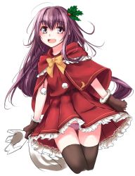 Rule 34 | 1girl, alternate costume, black thighhighs, blush, bow, bowtie, brown gloves, capelet, christmas, dress, frilled dress, frills, fur-trimmed gloves, fur trim, gloves, hair ornament, highres, holding, holding sack, holly, holly hair ornament, kantai collection, kisaragi (kancolle), knck, long hair, open mouth, panties, pantyshot, purple eyes, purple hair, purple panties, red dress, sack, simple background, solo, thighhighs, underwear, white background