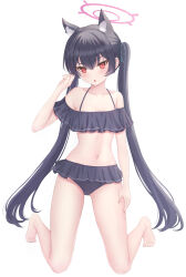 Rule 34 | 1girl, absurdres, animal ear fluff, animal ears, aqua ribbon, arm at side, armpit crease, bare arms, bare legs, bare shoulders, barefoot, bikini, black bikini, black hair, blue archive, blush, breasts, cat ears, chestnut mouth, cleavage, collarbone, commentary request, curvy, double-parted bangs, eyelashes, eyes visible through hair, fang, feet, fingerless gloves, frilled bikini, frills, full body, gloves, hair between eyes, hair ribbon, half updo, halo, hand up, head tilt, highres, kneeling, long hair, looking at viewer, lunana, midriff, navel, off-shoulder bikini, off shoulder, open mouth, red eyes, ribbon, serika (blue archive), simple background, slit pupils, small breasts, solo, stomach, straight-on, sweat, swimsuit, thighs, tiptoes, toenails, toes, twintails, v-shaped eyebrows, very long hair, white background