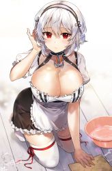 Rule 34 | 1girl, anchor symbol, azur lane, blush, breasts, bucket, choker, cleaning, cleavage, closed mouth, cloth, collarbone, dress, frills, gijang, hair between eyes, tucking hair, hairband, kneeling, lace-trimmed hairband, lace trim, large breasts, looking at viewer, no shoes, puffy sleeves, red eyes, ribbon, ribbon-trimmed legwear, ribbon trim, short hair, short sleeves, sidelocks, sirius (azur lane), solo, thighhighs, wet, white hair, white thighhighs