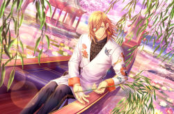 1boy, animal print, black pants, blue eyes, blurry, branch, butterfly print, cherry blossoms, chinese clothes, depth of field, dragon print, dutch angle, earrings, embroidery, feet out of frame, floral print, flower, game cg, gazebo, hair between eyes, highres, holding, holding branch, jacket, jewelry, jinguuji ren, lens flare, leopard print, light particles, lily pad, looking to the side, medium hair, official art, orange hair, pants, parted lips, pond, rowboat, sitting, smile, tangzhuang, tassel, tassel earrings, third-party source, tree, uta no prince-sama, uta no prince-sama: shining live, water in hands, water lily flower, white jacket, willow