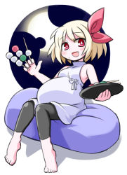 Rule 34 | 1girl, barefoot, blonde hair, bow, dango, dress, fang, food, food on face, hair bow, kugelschreiber, leggings, looking at viewer, open mouth, pregnant, red eyes, rumia, short hair, sitting, sleeveless, smile, solo, touhou, wagashi