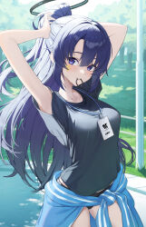 Rule 34 | 1girl, absurdres, adjusting hair, black buruma, black halo, black shirt, blue archive, blue eyes, blue hair, blue jacket, buruma, clothes around waist, collarbone, commentary, goeleu, gym shirt, halo, highres, id card, jacket, jacket around waist, lanyard, long hair, looking at viewer, mouth hold, official alternate costume, open clothes, open jacket, outdoors, ponytail, shirt, short sleeves, solo, star sticker, sticker on face, sweat, thighs, yuuka (blue archive), yuuka (track) (blue archive)