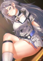 Rule 34 | 1girl, belt, blue eyes, cipher4109, crossed legs, detached sleeves, dress, dutch angle, grey hair, grin, hololive, hololive indonesia, knee strap, lock necklace, long hair, looking at viewer, on table, short dress, signature, sitting, smile, solo, table, thick thighs, thighs, very long hair, vestia zeta, vestia zeta (1st costume), virtual youtuber