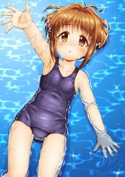 Rule 34 | 1girl, :o, bare arms, bare shoulders, black one-piece swimsuit, blush, breasts, brown eyes, brown hair, character request, collarbone, commentary request, feet out of frame, hair intakes, highres, lying, old school swimsuit, on back, one-piece swimsuit, parted lips, partially submerged, prismaticallization, regular mow, school swimsuit, sidelocks, signature, small breasts, solo, swimsuit, twitter username, water