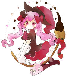 Rule 34 | 1girl, :o, apollo chocolate, bad id, bad pixiv id, boots, bow, broom, chocolate, food, fruit, hair bow, hat, heart, heart print, knee boots, original, pantyhose, pink eyes, pink hair, riding, skirt, solo, strawberry, tsukiyo (skymint), twintails, witch, witch hat