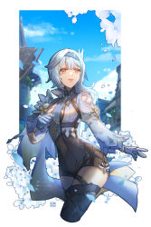 Rule 34 | 1girl, absurdres, allenerie, black jumpsuit, black thighhighs, blue gloves, blue hair, blue hairband, blue ribbon, blue sky, blurry, blurry background, border, brown eyes, closed mouth, clothing cutout, cropped legs, day, eula (genshin impact), genshin impact, gloves, hair between eyes, hair intakes, hairband, highres, jumpsuit, long hair, outdoors, ribbon, shoulder cutout, sky, smile, solo, thighhighs, watermark, white border, zettai ryouiki