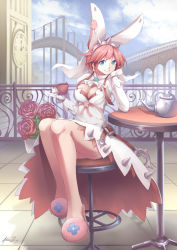 Rule 34 | 1girl, animal ears, aqua eyes, arm support, ass, bare legs, belt, blue sky, bouquet, bracelet, breasts, bridge, bright pupils, head rest, cleavage, cleavage cutout, clock, clock tower, clothing cutout, cloud, cloudy sky, clover hair ornament, commentary, commission, cup, dress, earrings, elphelt valentine, fake animal ears, floral print, flower, full body, gloves, guilty gear, hair ornament, hair ribbon, hairband, hat ornament, highres, holding, holding cup, hoop earrings, jewelry, large breasts, layered dress, leaning, lipstick, long dress, long sleeves, makeup, mystic-san, outdoors, pink footwear, pink lips, railing, red flower, red ribbon, red rose, ribbon, rose, signature, sitting, sky, slippers, smile, solo, spiked bracelet, spiked hairband, spikes, stool, table, teacup, teapot, thighs, tile floor, tiles, tower, veil, white dress, white gloves
