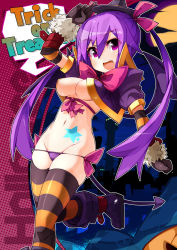 Rule 34 | 1girl, breasts, cleavage, demon tail, gloves, groin, halloween, hat, highres, large breasts, ooyama kina, original, pink eyes, purple hair, solo, standing, standing on one leg, striped clothes, striped thighhighs, tail, thighhighs, trick or treat, twintails, witch hat