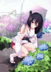 Rule 34 | 1girl, absurdres, bare shoulders, black hair, blush, breasts, detached sleeves, full body, hair ornament, highres, holding, holding umbrella, kantai collection, kneeling, large breasts, looking at viewer, momimaki, nontraditional miko, rain, red eyes, short hair, signature, socks, solo, umbrella, white socks, wide sleeves, yamashiro (kancolle)