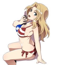 Rule 34 | 1girl, american flag bikini, american flag print, arm support, ass, bikini, blonde hair, blue eyes, bottle, breasts, butt crack, cleavage, coke bottle, commentary request, flag print, from side, girls und panzer, hair intakes, holding, holding bottle, kay (girls und panzer), leaning back, legs, long hair, looking at viewer, medium breasts, nanashino, open mouth, print bikini, shadow, side-tie bikini bottom, simple background, sitting, smile, soda bottle, solo, swimsuit, white background