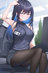 Rule 34 | 1girl, arm up, armpits, bare arms, bare shoulders, blue archive, blue eyes, blue hair, blue skirt, blush, breasts, closed mouth, commentary request, feet out of frame, halo, highres, indoors, large breasts, long hair, looking at viewer, office lady, saori (blue archive), shougun (chuckni1), sitting, skirt, sleeveless, thighs