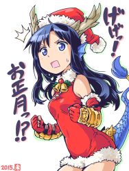 Rule 34 | 10s, 1girl, 2015, ^^^, armor, bare shoulders, bell, black hair, blue eyes, china dress, chinese clothes, christmas, dated, dragon girl, dragon horns, dragon tail, dress, elbow gloves, fingerless gloves, fur trim, gloves, hat, horns, ishiyumi, karin (p&amp;d), long hair, new year, open mouth, puzzle &amp; dragons, red dress, red gloves, santa costume, santa hat, scales, short dress, silhouette, simple background, solo, sweatdrop, tail, translation request, vambraces, white background