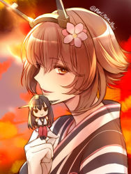 Rule 34 | 10s, 1girl, alternate costume, alternate eye color, black hair, brown eyes, character doll, eyebrows, flower, gloves, hair between eyes, hair flower, hair ornament, headgear, japanese clothes, kantai collection, kimono, lips, long hair, looking at viewer, mutsu (kancolle), nagato (kancolle), primary stage, red legwear, short hair, solo, striped clothes, striped kimono, white gloves, yukata