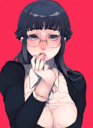Rule 34 | 1girl, breasts, commentary request, finger in own mouth, long hair, looking at viewer, original, red background, round eyewear, saliva, satsuki hayanori, simple background, solo