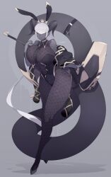 Rule 34 | 1girl, abs, absurdres, animal ears, bare shoulders, black horns, black jacket, black leotard, breasts, cleavage, collarbone, colored skin, curled horns, curvy, fishnet pantyhose, fishnets, full body, grey eyes, grey hair, grey skin, highleg, highleg leotard, highres, horns, huge breasts, ill (ub1mo), jacket, leotard, long hair, long legs, long tail, looking at viewer, mechanical arms, navel, off shoulder, original, pantyhose, playboy bunny, rabbit ears, revision, see-through, see-through cleavage, smile, solo, tail, thick thighs, thighs, toned, ub1mo, very long hair, wide hips