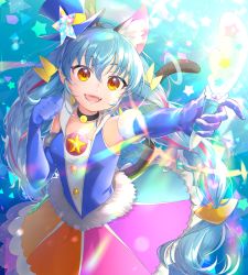 Rule 34 | 1girl, :d, absurdres, animal ear fluff, animal ears, aqua hair, blue gloves, blue headwear, boots, braid, cat ears, cat girl, cat tail, cure cosmo, fur-trimmed gloves, fur trim, gloves, highres, holding, huge filesize, long hair, magical girl, multicolored clothes, multicolored hair, multicolored skirt, open mouth, outstretched arm, pink hair, precure, rainbow skirt, revision, skirt, smile, star twinkle precure, tail, tail ornament, tail raised, tail ring, thigh boots, thighhighs, twin braids, very long hair, yellow eyes, yuni (precure), yupiteru