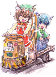 Rule 34 | 2girls, animal ears, blue eyes, blue hair, bonnet, brown hair, cat ears, cat tail, chen, dress, driving, earrings, fangs, japanese clothes, jewelry, multiple girls, multiple tails, musical note, riding, short hair, smile, sodbre (takaya), steering wheel, tail, touhou, turret truck, wakasagihime, white background