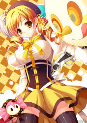 Rule 34 | 10s, 1girl, :q, argyle, argyle background, argyle clothes, beret, blonde hair, boots, brown thighhighs, charlotte (madoka magica), checkered background, corset, detached sleeves, drill hair, fingerless gloves, gloves, grandia bing, gun, hair ornament, hairpin, hat, light particles, magical girl, magical musket, mahou shoujo madoka magica, mahou shoujo madoka magica (anime), multicolored eyes, pleated skirt, puffy sleeves, ribbon, rifle, skirt, striped clothes, striped thighhighs, thighhighs, tomoe mami, tongue, tongue out, twin drills, twintails, vertical-striped clothes, vertical-striped thighhighs, weapon, yellow eyes, zettai ryouiki