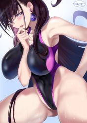 Rule 34 | 1girl, absurdres, bare shoulders, black one-piece swimsuit, blush, breasts, brown hair, cameltoe, competition swimsuit, covered navel, earrings, fate/grand order, fate (series), gradient background, hair between eyes, hair ornament, highleg, highleg swimsuit, highres, jewelry, large breasts, long hair, looking at viewer, mi mi ham, murasaki shikibu (fate), one-piece swimsuit, open mouth, purple eyes, solo, swimsuit, thighs, very long hair