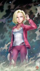 Rule 34 | 10s, 1girl, absurdres, android 18, blonde hair, blue eyes, breasts, cleavage, dirty, dragon ball, dragon ball super, earrings, highres, jacket, jewelry, kanchiyo, medium breasts, open clothes, open jacket, pants, serious, shirt, short hair, smoke, solo, torn clothes, torn pants, torn shirt, track jacket, track suit