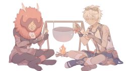 Rule 34 | 1boy, 1other, ankle cuffs, bandaged arm, bandages, bare arms, barefoot, belt, bennett (genshin impact), black skin, blue footwear, blue shorts, boots, brown skirt, campfire, colored skin, commentary, cooking, eating, egg (food), food, fork, fried egg, full body, fur collar, gauntlets, genshin impact, goggles, goggles on head, highres, hilichurl (genshin impact), holding, holding fork, holding plate, horns, indian style, mask, muted color, plate, pot, pouch, red fur, red legwear, shinyshynii, short hair, shorts, simple background, sitting, skirt, socks, sticks, suspenders, vest, white background, white hair, white legwear, white vest