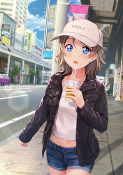 Rule 34 | 2girls, baseball cap, blue eyes, blush, breast pocket, brown hair, building, car, character name, city, clothes writing, cowboy shot, cup, dated, day, denim, denim shorts, disposable cup, hat, highres, holding, holding cup, lens flare, long sleeves, love live!, love live! sunshine!!, motor vehicle, multiple girls, navel, open clothes, open fly, open mouth, open shorts, outdoors, pocket, road, shamakho, shirt, short hair, short shorts, shorts, signature, solo focus, street, tsushima yoshiko, unbuttoned, watanabe you, white headwear, white shirt
