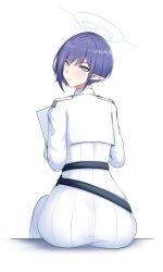 Rule 34 | 1girl, absurdres, aoi (blue archive), artist request, ass, blue archive, blue eyes, blue hair, blush, cropped jacket, from behind, halo, highres, looking at viewer, looking back, pants, pointy ears, short hair, sitting, solo