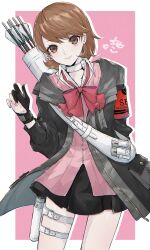 Rule 34 | 1girl, archery shooting glove, armband, arrow (projectile), belt buckle, black gloves, black jacket, black skirt, border, bow, bowtie, brown eyes, brown hair, buckle, cardigan, chako (p4amg1208), choker, closed mouth, collared shirt, commentary request, cowboy shot, earrings, evoker, gekkoukan high school uniform, gloves, hand up, heart, heart choker, highres, holster, jacket, jewelry, looking at viewer, loose bowtie, miniskirt, official alternate costume, open clothes, open jacket, outside border, partially fingerless gloves, persona, persona 3, persona 3 reload, pink cardigan, pink lips, pink nails, pleated skirt, red armband, red bow, red bowtie, s.e.e.s, school uniform, shirt, short hair, skirt, smile, solo, stud earrings, takeba yukari, thigh holster, thigh strap, white border, white choker, white shirt
