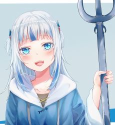 Rule 34 | 1girl, blue eyes, blue hair, blue hoodie, blush, fingernails, gawr gura, gawr gura (1st costume), highres, holding, holding weapon, hololive, hololive english, hood, hood down, hoodie, kou futoshi, long sleeves, looking at viewer, medium hair, multicolored hair, nail polish, open mouth, pink nails, polearm, sharp teeth, silver hair, smile, solo, streaked hair, teeth, tongue, trident, upper body, virtual youtuber, weapon, wide sleeves