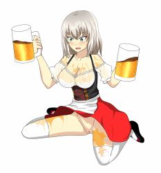 Rule 34 | 10s, 1girl, alcohol, artist request, beer, blue eyes, breasts, cleavage, dirndl, dress, drink, embarrassed, female focus, german clothes, girls und panzer, highres, itsumi erika, large breasts, looking down, nipples, no panties, oktoberfest, open mouth, pussy, red skirt, round teeth, see-through, shoes, short hair, shy, silver hair, sitting, skirt, solo, spread legs, teeth, thighhighs, uncensored, upskirt, wariza, white thighhighs