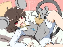 Rule 34 | 1girl, animal ears, bed, bloomers, blush, blush stickers, cosplay, inaba tewi, lying, mouse (animal), mouse ears, mouse tail, nazrin, nazrin (cosplay), on back, open mouth, pendulum, shirosato, short hair, spread legs, tail, touhou, underwear