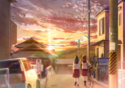 Rule 34 | 2girls, absurdres, architecture, bicycle, black hair, black socks, blurry, blurry foreground, brown hair, building, car, cloud, east asian architecture, from behind, highres, house, kneehighs, lens flare, long hair, long sleeves, manhole cover, motor vehicle, mountain, multiple girls, original, power lines, red skirt, road, scenery, school uniform, shirt, shurock, signature, skirt, sky, socks, street, sunset, utility pole, walking, white shirt, white socks