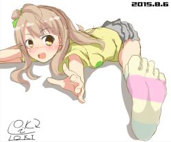 Rule 34 | 10s, 1girl, 2015, blush, bow, dated, fluffy legwear, fuzzy footwear, fuzzy socks, green bow, grey hair, hair bow, long hair, looking at viewer, love live!, love live! school idol festival, love live! school idol project, minami kotori, open mouth, shadow, side ponytail, signature, simple background, solo, toe socks, white background, yellow eyes