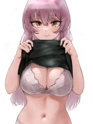 Rule 34 | 1girl, absurdres, black shirt, blush, bra, breasts, cleavage, clothes lift, embroidered bra, highres, idolmaster, idolmaster cinderella girls, idolmaster cinderella girls starlight stage, jougasaki mika, lamp p9, long hair, midriff, navel, pink hair, shirt, shirt lift, simple background, sweat, underwear, white background, white bra