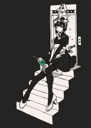 Rule 34 | 1girl, air bubble, animal, animal on head, between legs, black background, black dress, black hair, black pantyhose, black skirt, black theme, bob cut, bubble, commentary request, cup, dress, drink, drinking straw, elevator, fish, flat color, full body, halftone, hand between legs, holding, holding cup, juliet sleeves, kayuo, knees together feet apart, long sleeves, looking at viewer, maneki-neko, multiple monochrome, on head, original, own hands together, pantyhose, porch, puffy sleeves, sidelocks, simple background, sitting, skirt, solo, spot color, stairs, surreal, white footwear