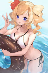 Rule 34 | 1girl, absurdres, beach, bikini, blonde hair, blue eyes, breast press, breasts, cleavage, cowboy shot, day, drill hair, flower, hair flower, hair ornament, highres, honolulu (kancolle), inflatable toy, innertube, kantai collection, large breasts, long hair, picoli1313, smile, solo, swim ring, swimsuit, twin drills, twintails, v, white bikini