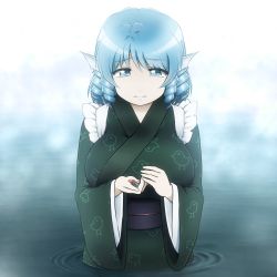 Rule 34 | 1girl, animal print, blue eyes, blue hair, breasts, crying, drill hair, fins, frown, head fins, highres, japanese clothes, kimono, large breasts, looking at viewer, matching hair/eyes, mermaid, monster girl, obi, partially submerged, ripples, sash, shirosato, short hair, solo, stone, tareme, tears, touhou, wakasagihime, water, wide sleeves