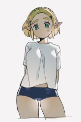 Rule 34 | 1girl, alternate costume, arms behind back, blonde hair, blue shorts, blush, closed mouth, cowboy shot, cropped jacket, cropped legs, green eyes, grey background, hair ornament, hairclip, highres, koi (nisikicoi), looking at viewer, nintendo, pointy ears, princess zelda, shirt, short hair, short shorts, short sleeves, shorts, sidelocks, simple background, solo, the legend of zelda, the legend of zelda: breath of the wild, white shirt