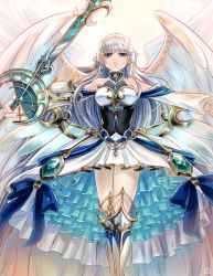 Rule 34 | 1girl, armor, blue bow, boots, bow, cropped legs, earrings, expressionless, feathered wings, frills, gem, greaves, grey eyes, hai (pixiv26156235), holding, holding sword, holding weapon, airis (shironeko project), jewelry, knee boots, long hair, looking at viewer, outstretched arms, shironeko project, silver hair, simple background, skirt, solo, spread arms, sword, very long hair, weapon, white background, white skirt, white wings, wings