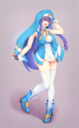 Rule 34 | 1girl, :d, bare shoulders, blazblue, blazblue remix heart, blue footwear, blue hair, bow, breasts, bridget (guilty gear) (cosplay), cosplay, cross, female focus, fingerless gloves, gloves, guilty gear, guilty gear xx, habit, highres, large breasts, long hair, mai natsume, nun, olegna zueqram, open mouth, ponytail, red eyes, ribbon, shoes, simple background, skirt, sleeveless, smile, solo, thighhighs, very long hair, white thighhighs