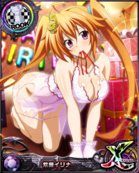 Rule 34 | 1girl, ahoge, all fours, bare shoulders, breasts, brown hair, card (medium), chess piece, cleavage, collarbone, flower, gift, gloves, hair between eyes, hair flower, hair ornament, happy birthday, high school dxd, high school dxd cross, large breasts, lingerie, long hair, looking at viewer, official art, panties, purple eyes, rook (chess), shidou irina, sleeveless, solo, torn clothes, twintails, underwear, very long hair