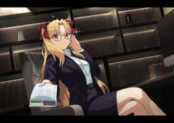 Rule 34 | 1girl, adjusting eyewear, alternate costume, belt, beppu mitsunaka, bespectacled, black headwear, black jacket, black skirt, blonde hair, breasts, chair, character doll, contemporary, desk, earrings, ereshkigal (fate), fate/grand order, fate (series), formal, glasses, hair ribbon, holding, holding paper, jacket, jewelry, king hassan (fate), crossed legs, letterboxed, long hair, medium breasts, medjed (fate), nitocris (fate), paper, pencil skirt, red eyes, red ribbon, ribbon, semi-rimless eyewear, shirt, sitting, skirt, skirt suit, smile, solo, sparkle, suit, suit jacket, tiara, two side up, under-rim eyewear, very long hair, white shirt