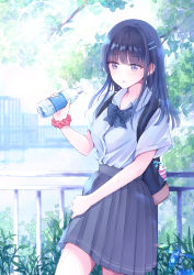 Rule 34 | 1girl, backpack, bag, black hair, black skirt, bottle, bow, bowtie, branch, button gap, buttons, collared shirt, commentary request, day, dress shirt, hair ornament, hairclip, high-waist skirt, highres, holding, holding bottle, leaf, long hair, nagidango, original, outdoors, parted lips, pink scrunchie, plant, pleated skirt, polka dot, polka dot scrunchie, purple eyes, railing, revision, school uniform, scrunchie, shirt, shirt tucked in, short sleeves, sidelocks, skirt, solo, standing, striped bow, striped bowtie, striped clothes, sweat, water bottle, white shirt, wrist scrunchie
