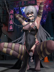 Rule 34 | 1girl, absurdres, anal beads, bar censor, bdsm, blindfold, bondage, bound, breasts, censored, chain, chained, china dress, chinese clothes, dildo, dress, elbow gloves, full body, gag, gagged, gloves, grey hair, highres, long hair, medium breasts, neglect play, no shoes, object insertion, original, outdoors, public indecency, restrained, rope, roundschen, sex toy, shibari, skindentation, solo, squatting, vaginal, vaginal object insertion, very long hair, vibrator